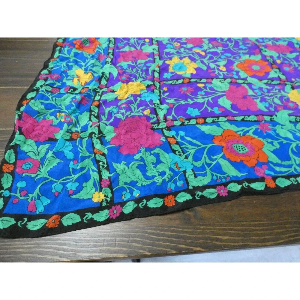 Vintage Japan Hand Rolled Silk Scarf Bright Multicolored Floral Black 30